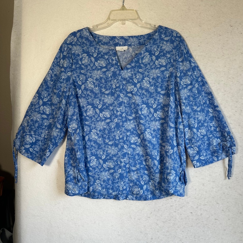 J. Jill Blue white Floral Linen Blend Split Neck Tie Sleeve Top Large feminine